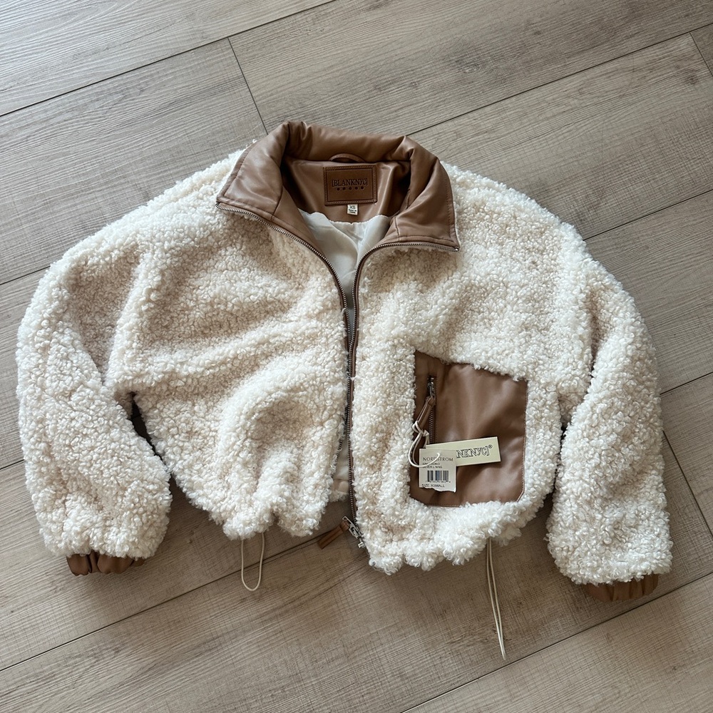 Blank NYC Cream Teddy Jacket with Tan Trim